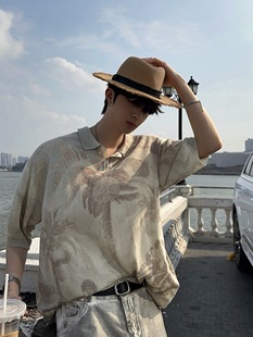 法式 复古短袖 针织衫 jmhomme 夏季 慵懒风宽松艺术油画POLO衫