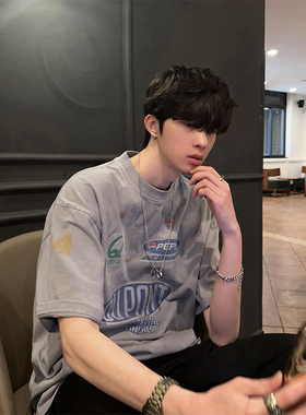 junmanner 水洗做旧字母印花美式潮牌圆领打底半袖上衣夏男生T恤