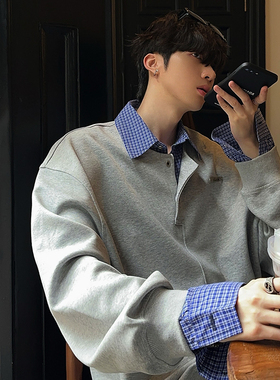 junmanner 假两件拼接美式宽松格纹2025年新款上衣春男生卫衣外套