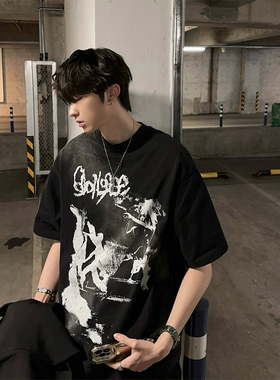 junmanner 图案印花圆领美式潮牌宽松休闲纯棉短袖上衣夏男生T恤