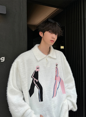 junmanner 翻领高级感刺绣毛衣秋冬小众加厚慵懒风圆领针织衫上衣