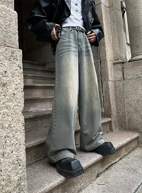 junmanner 微喇叭做旧水洗美式直筒加厚牛仔裤秋冬新款男裤子工装