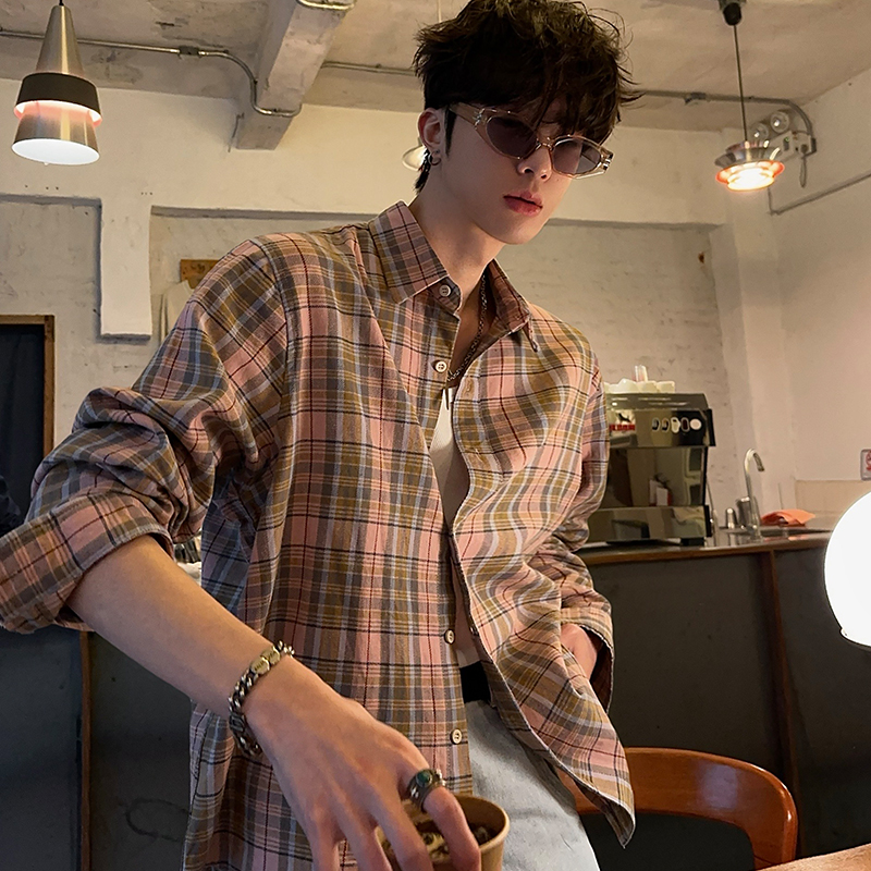 junmanner粉色格子翻领男生衬衫