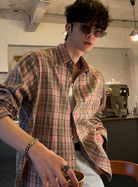junmanner 粉色格子翻领韩版潮流复古痞帅高级感衬衫春秋男生衬衣
