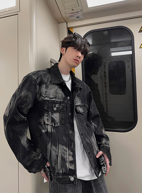 junmanner 手工泼墨漆点设计垫肩牛仔夹克秋时髦翻领单排扣外套男