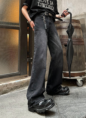 junmanner 水洗做旧美式复古黑色耐磨宽松直筒牛仔裤秋冬男生裤子