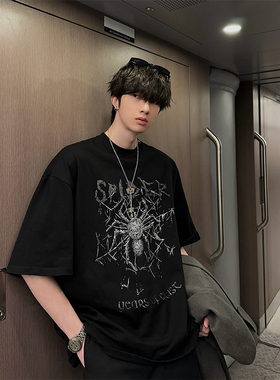 junmanner 蜘蛛网印花美式复古潮牌宽松圆领半袖上衣夏季男生T恤