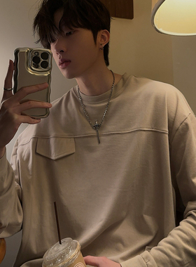 junmanner 口袋拼接长袖T恤男生美式宽松纯棉春季打底衫情侣上衣