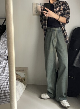JUNMANNER 自制 洗水旧蓝色 腰头设计直筒宽松高腰牛仔裤男女同款