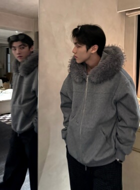 junmanner 12/15 10:00 秋冬加厚内里加毛 灰色毛领卫衣拉链外套