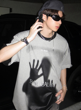 junmanner 外星人像字母印花美式潮流圆领半袖打底上衣夏男生T恤