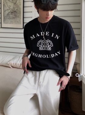 junmanner 纯色韩版皇冠字母印花美式潮牌圆领半袖上衣夏男生T恤