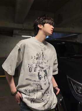 junmanner 创意印花美式潮流宽松圆领半袖打底针织上衣夏男生T恤