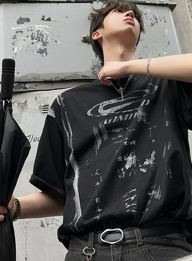 junmanner 图案印花美式复古潮牌宽松圆领打底半袖上衣夏男生T恤