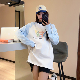 tppader 撞色插肩袖t恤男女秋季彩色字母印花宽松薄款长袖上衣