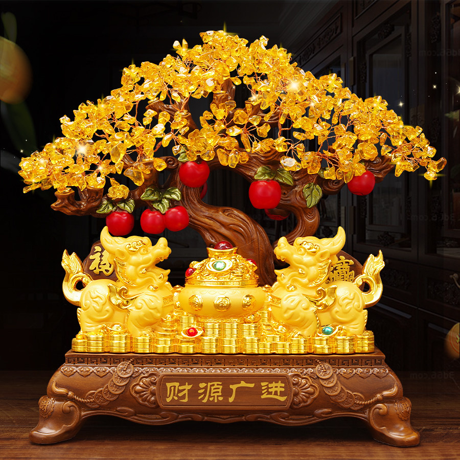 招财貔貅摆件一对开业礼品聚财聚宝盆黄水晶发财树客厅家居装饰品