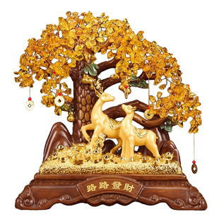 路路发财梅花鹿摆件一对黄水晶摇钱树家居装修客厅电视柜酒柜礼品