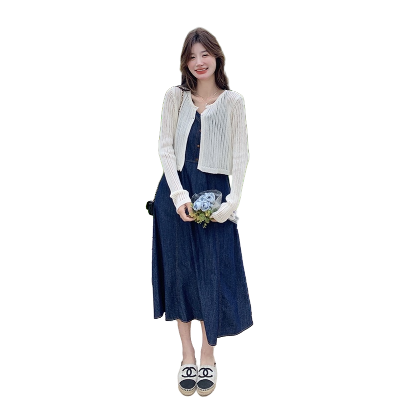 法式度假风牛仔连衣裙套装女2025春季新款针织开衫吊带长裙两件套,女装套装/套裙,2C318