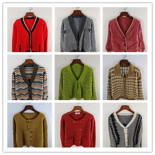 古着秋冬复古韩版宽松修身纯色图案短中长款秋冬毛衣外套女特价