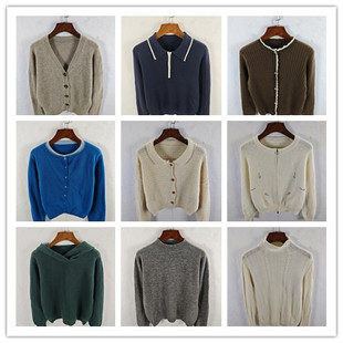 古着秋冬复古欧美格雷简洁慵懒纯色图案羊毛羊绒毛衣