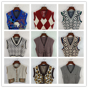 古着秋冬复古韩版宽松修身纯色图案短中长款秋冬毛衣外套马甲女