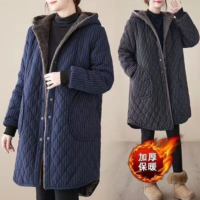 加绒加厚棉衣冬季中长款宽松大码女加绒复古格子保暖连帽棉袄罩衣