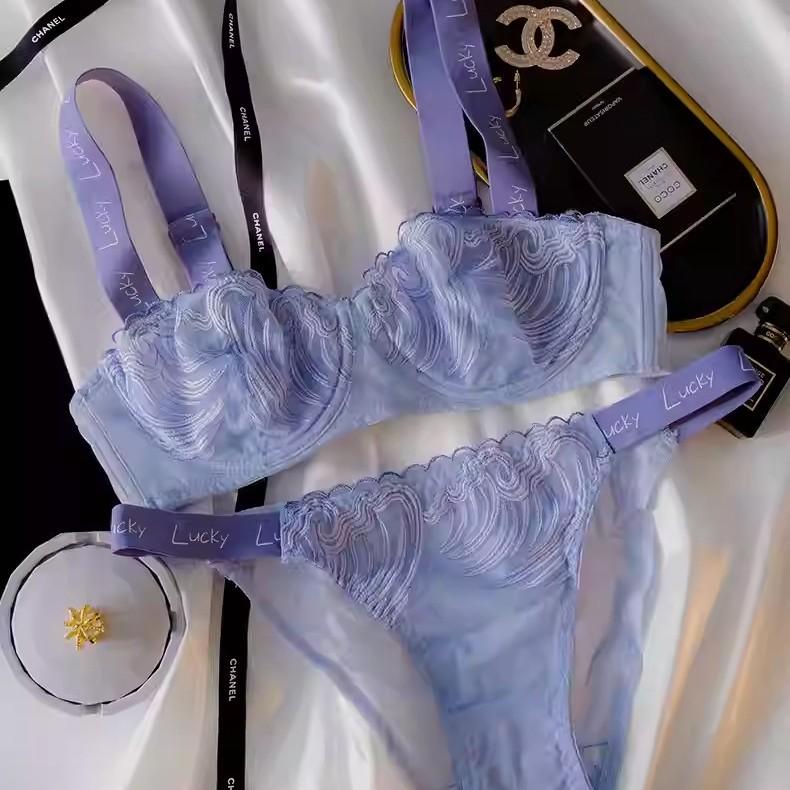欧美蓝色内衣套装性感蕾丝超薄款二分之一杯文胸透明女胸罩外贸