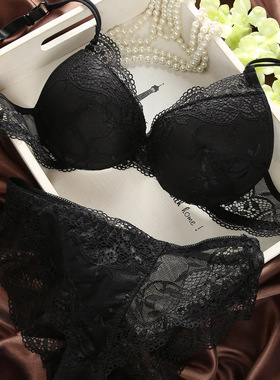 法国大牌欧美性感聚拢文胸配内裤全蕾丝BC杯薄款少女内衣套装胸罩
