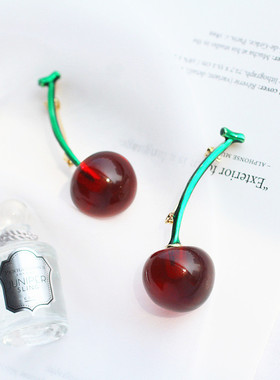 有点甜~酒红色车厘子樱桃半透明绿色珐琅釉chic少女复古胸针胸花