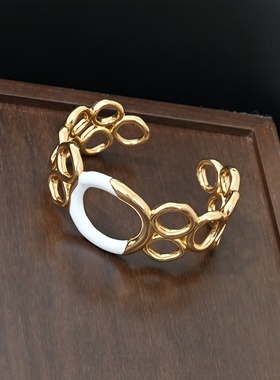 镂空几何圆形涟漪开口手镯欧美轻奢小众高级白色珐琅滴釉拼色手环