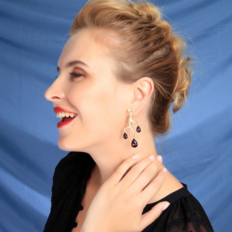 哑光金树枝造型水滴钻夸张舞台秀场晚礼服婚纱耳环孤品