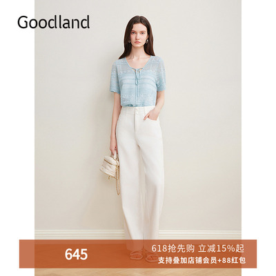 Goodland美地女装2025夏季新款浅蓝色法式镂空系带短袖针织上衣