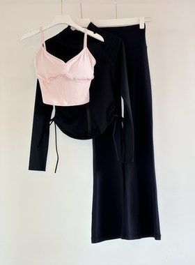 C.CYA拉链抽绳上衣长袖细肩带花边带胸垫文胸内衣微喇裤瑜伽套装