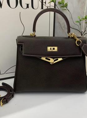 福宝皮蜡线手工凯莉包真皮单肩斜挎包头层牛皮手提包时尚女凯利包