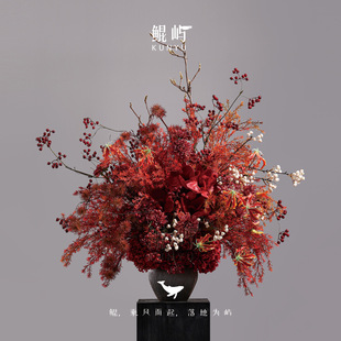 鲲屿 新中式红色系酒店大堂花【花赤锦城】大型圆桌会所前台摆件