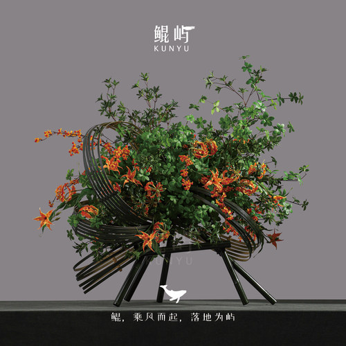 鲲屿 大型造景手工花艺装置【花黛红影】样板间酒店玄关会所摆件