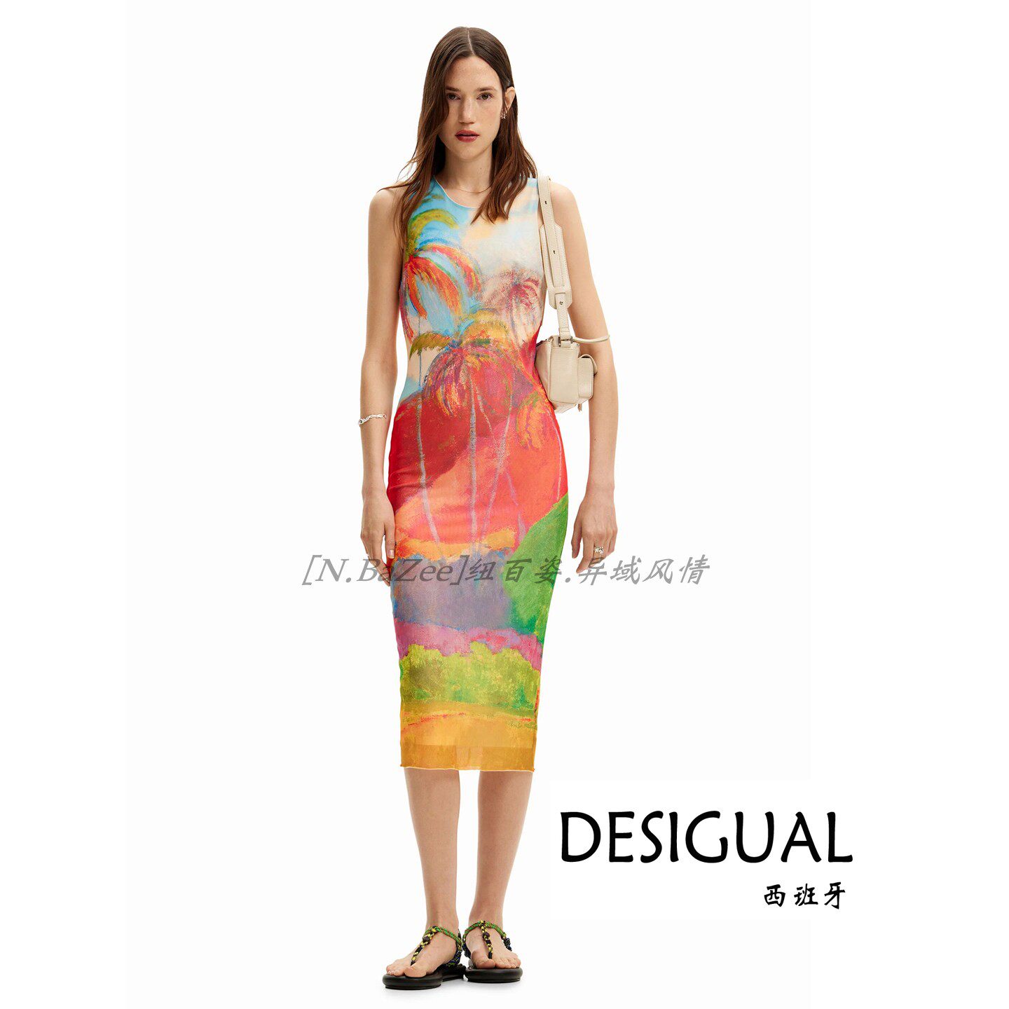 Desigual 夏季新款无袖修身多色印花热带中长连衣裙