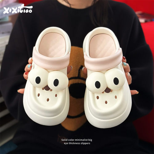 细细条搞怪大眼睛厚底洞洞鞋夏