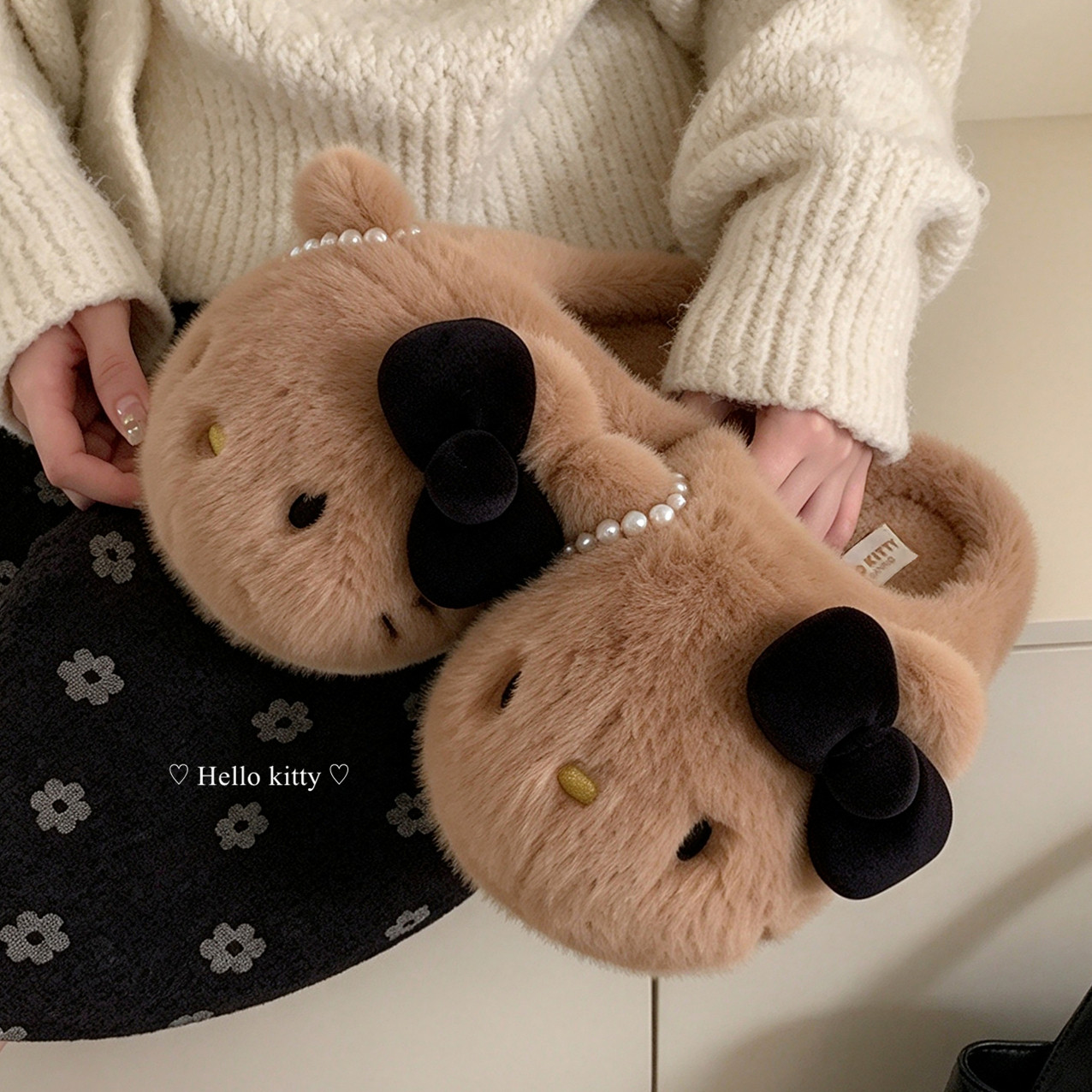 细细条 少女心正版黑皮HelloKitty棉拖鞋女防滑网红家居月子鞋冬