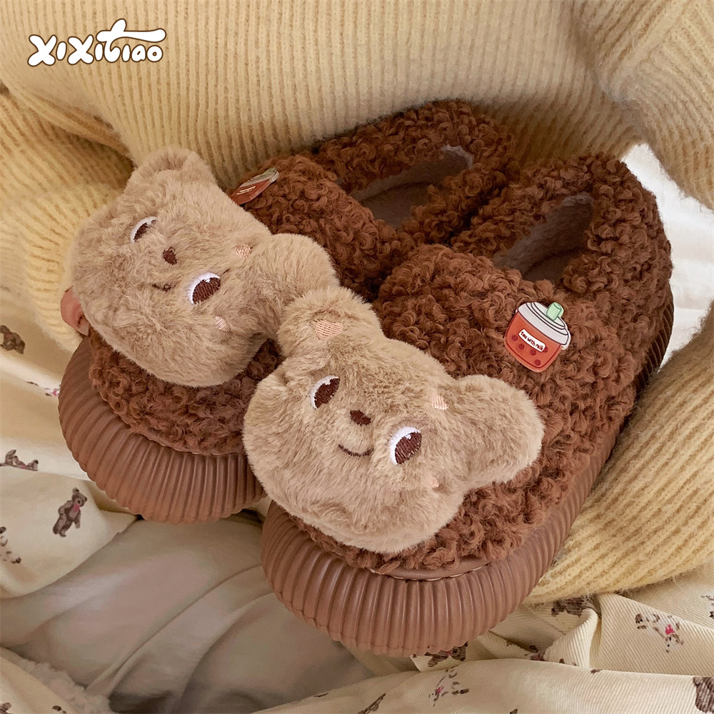 细细条可爱毛绒绒小熊毛毛鞋