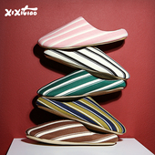 男女舒适居家情侣空调房地板鞋 细细条 小众撞色条纹棉麻拖鞋 春夏