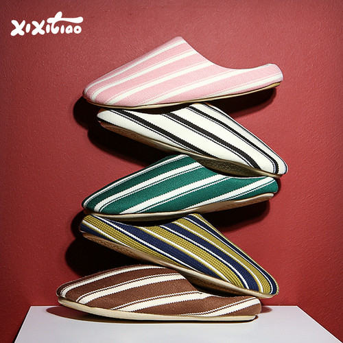 细细条 小众撞色条纹棉麻拖鞋男女舒适居家情侣空调房地板鞋春夏