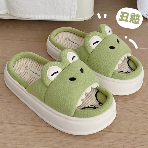 细细条踩屎感厚底情侣亚麻拖鞋