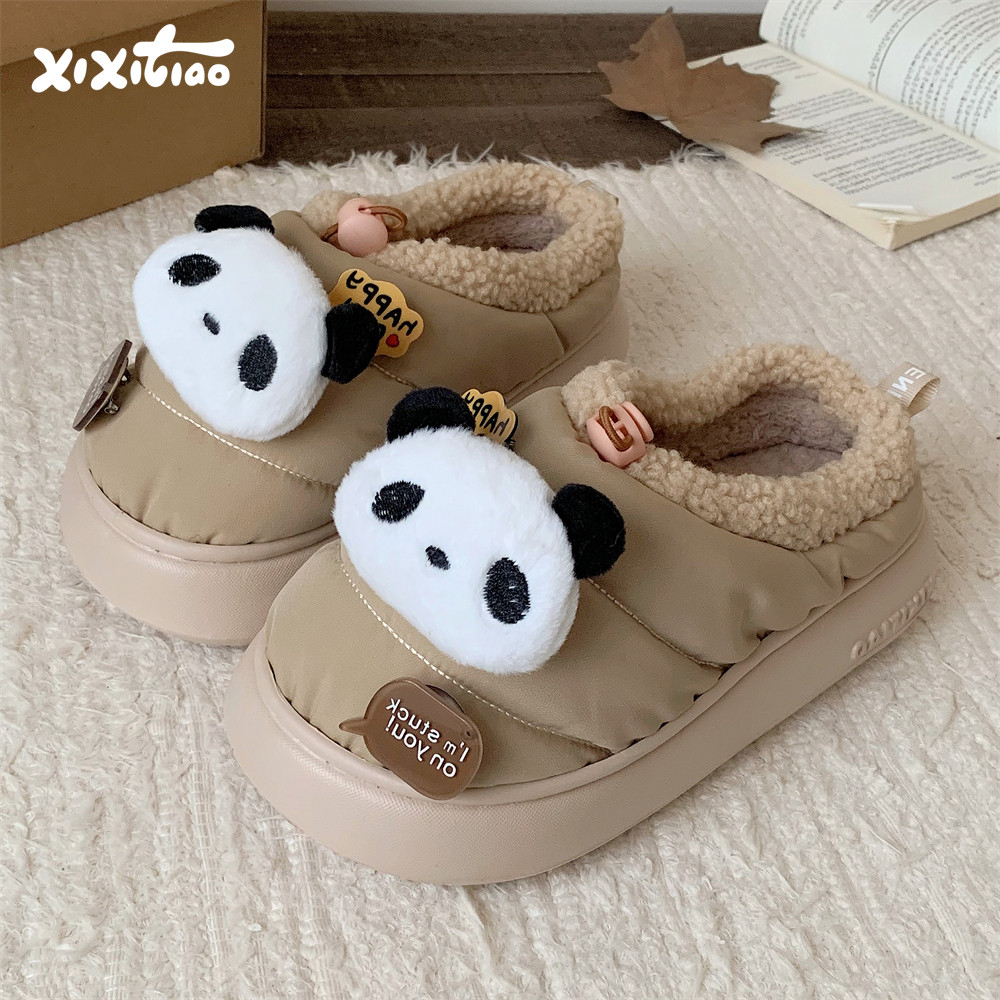 细细条可爱熊猫保暖情侣棉拖鞋