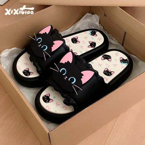 细细条 甜酷小黑猫个性凉拖鞋夏休闲网红软厚底女士室外一字凉拖