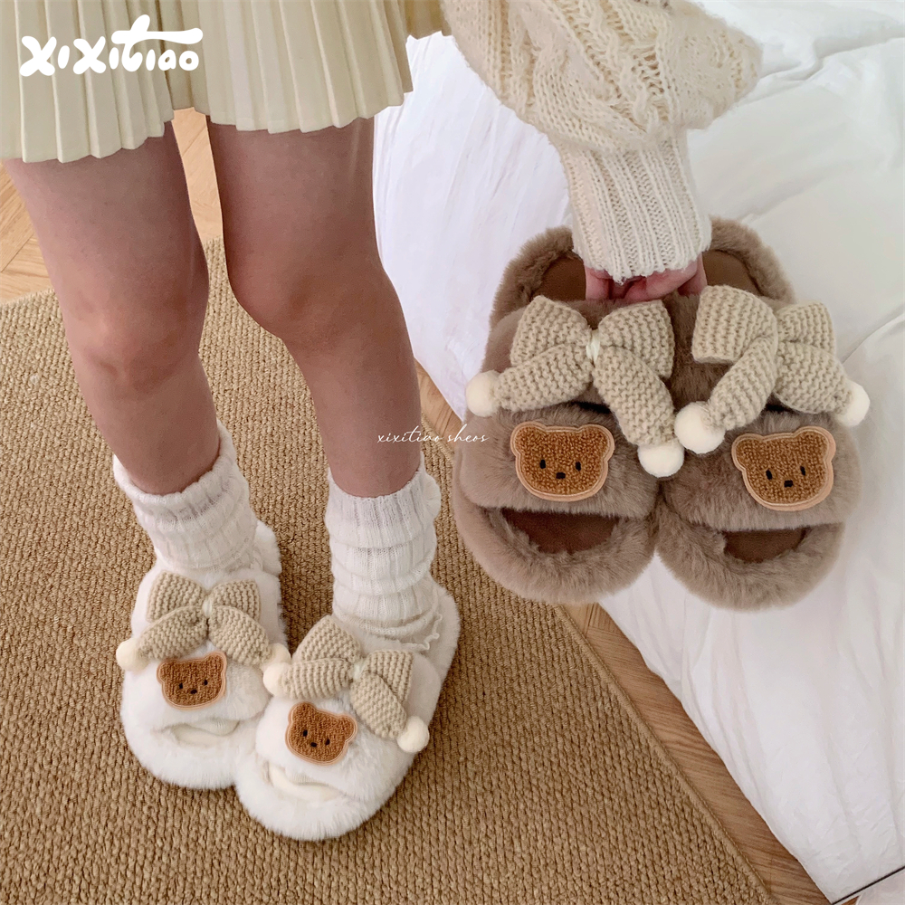 细细条针织蝴蝶结可爱小熊棉拖鞋