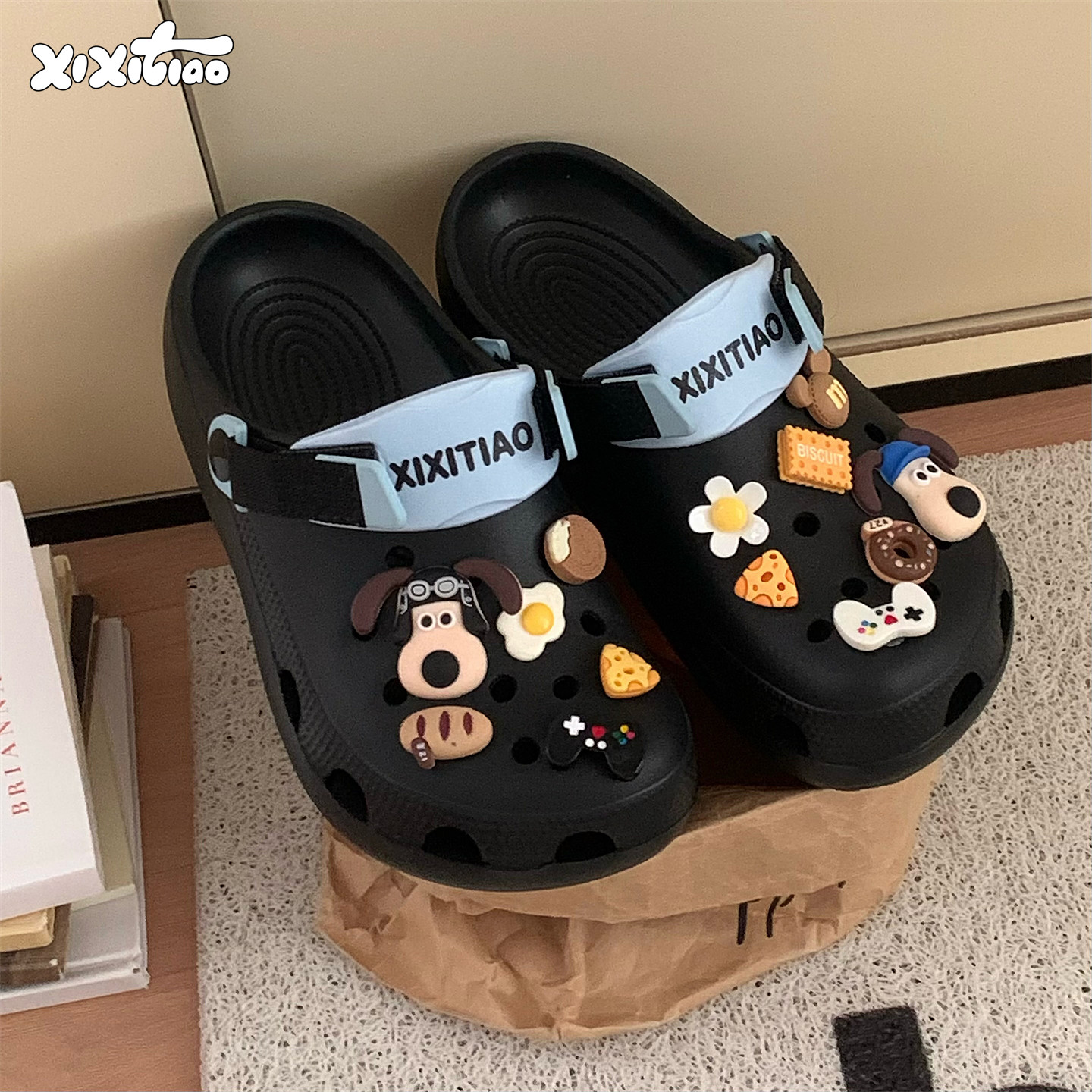 细细条 趣味狗狗亲子洞洞鞋海边度假防滑儿童eva沙滩凉拖鞋男女夏