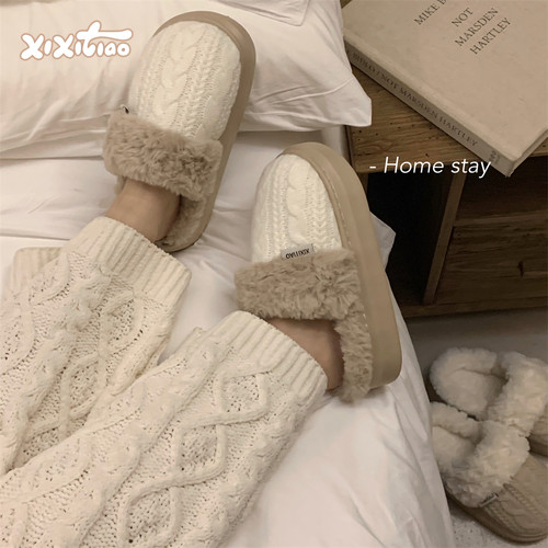 细细条复古针织毛线麻花棉拖鞋