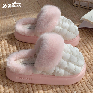 女冬可爱防滑厚底加绒保暖泡泡棉拖鞋 细细条 网红居家保暖月子鞋