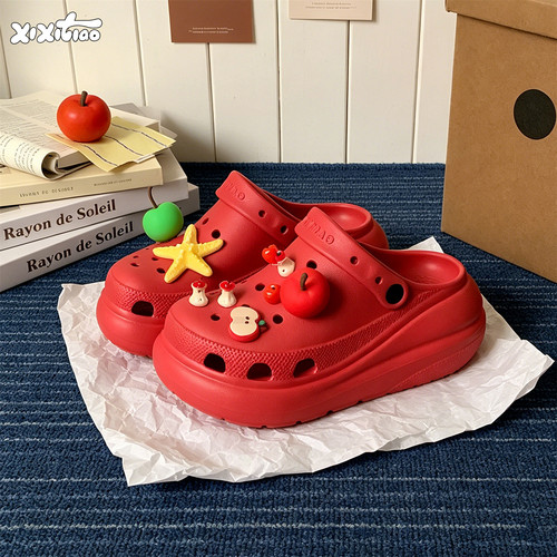 细细条DIY可爱红苹果洞洞鞋女